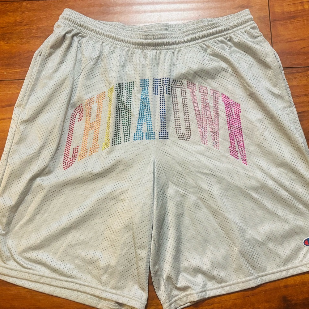 CHINATOWN MARKET - Size Large- Rhinestone Arc Mesh Shorts Silver SOLD OUT